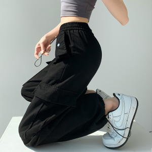 RM6346#美式黑色工装裤女夏季2023新款高腰显瘦垂感小个子束脚休闲阔腿裤