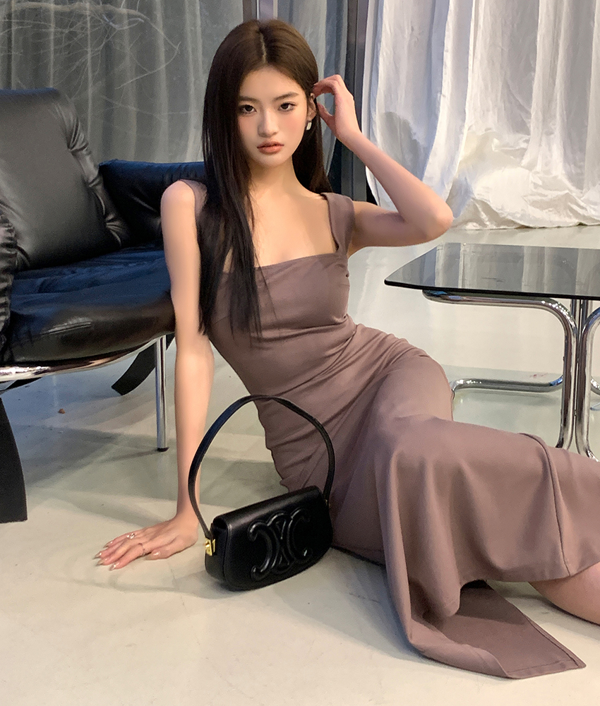實拍2023春夏新款滿分廓形氣質法式收腰瘦長裙吊帶連衣裙女