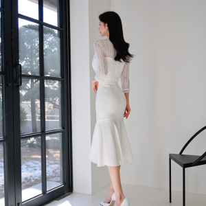 RM5180#春夏新款韩版时尚气质优雅显瘦性感蕾丝拼接鱼尾礼服连衣裙