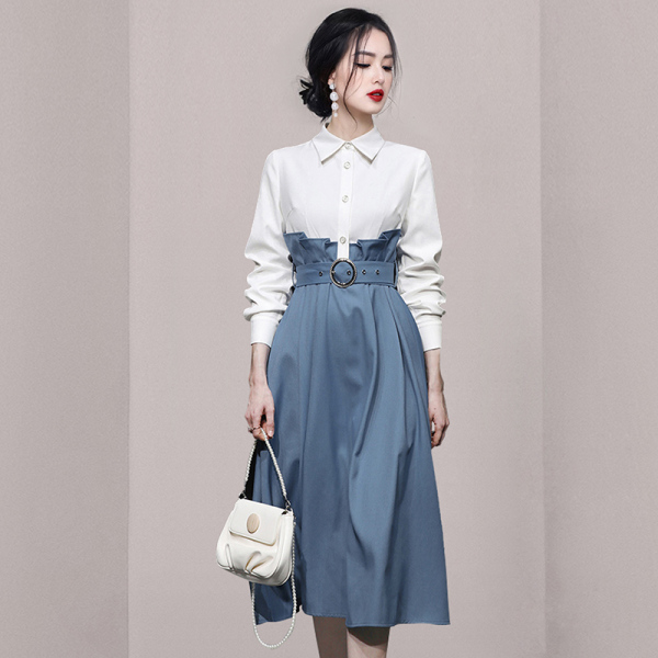 RM5150#女装2023新款气质蓝白撞色灯笼袖收腰显瘦衬衫连衣裙长裙裙子