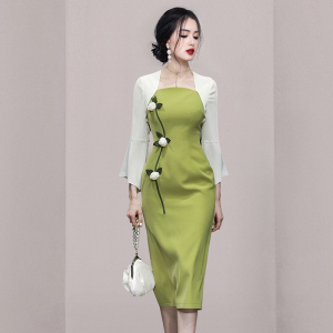 RM5151#春装女装2023新款气质撞色喇叭袖修身收腰显瘦连衣裙长裙包臀裙子