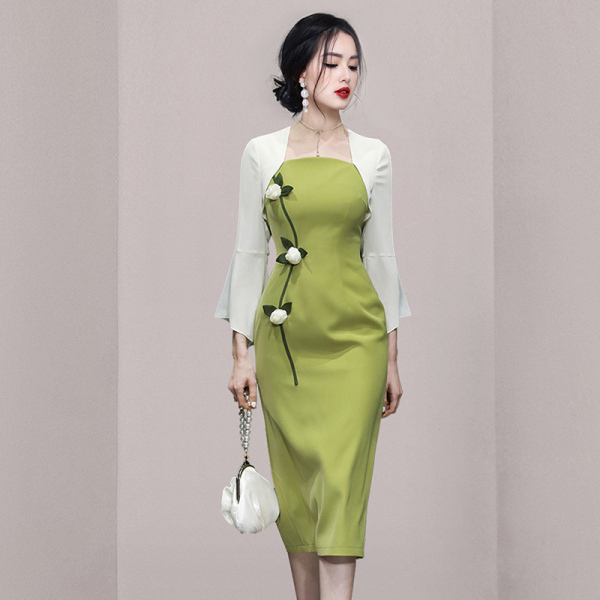 RM5151#春装女装2023新款气质撞色喇叭袖修身收腰显瘦连衣裙长裙包臀...