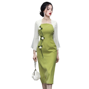 RM5151#春装女装2023新款气质撞色喇叭袖修身收腰显瘦连衣裙长裙包臀裙子