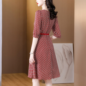 RM19176#时尚气质格子印花连衣裙女2023夏季新款方领短袖雪纺中长裙子