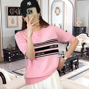 TR18269# 新韩国GROVE条纹纯棉短袖针织衫女黑白粉红上衣 服装批发女装服饰货源