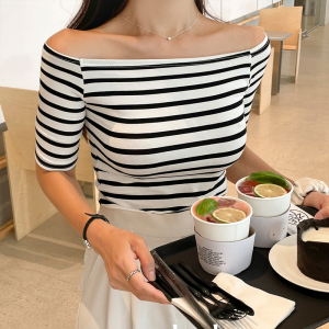 TR19022# 韩风夏季新款韩版条纹一字肩T恤女