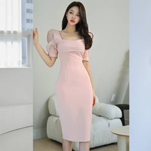 RM4637#春夏新款韩版时尚方领拼接网纱袖中长款气质修身包臀连衣裙