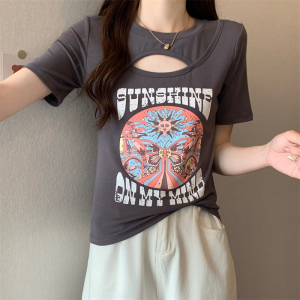 RM6507#复古太阳女神镂空印花短袖T恤女2023夏季辣妹显瘦上衣