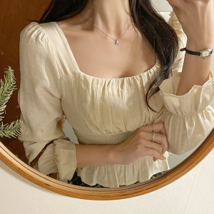 TR19023# 春夏新款韩版褶皱雪纺衫女长袖