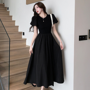 South Korea's East Gate Black Luxury Style Medium Long Bubble Sleeves Slim Dress