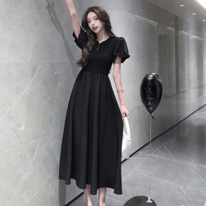 South Korea's East Gate Black Luxury Style Medium Long Bubble Sleeves Slim Dress