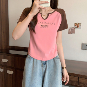 RM5287#设计感小V领撞色短袖纯棉T恤女ins潮2023夏季甜辣妹显瘦短款上衣