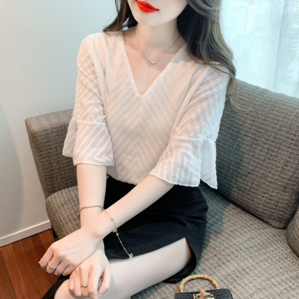 RM5244#夏季新款韩版V领套头雪纺衫衬衣蕾丝短袖上衣洋气小衫