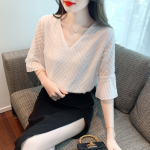 RM5244#夏季新款韩版V领套头雪纺衫衬衣蕾丝短袖上衣洋气小衫