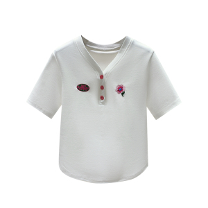 RM12027#V领短袖T恤女2023夏季新款小众别致甜美刺绣polo小衫