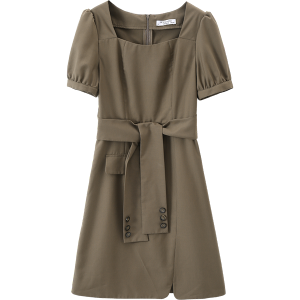 RM8369#夏新款方领绑带设计感连衣裙时尚休闲收腰显瘦连衣裙韩版