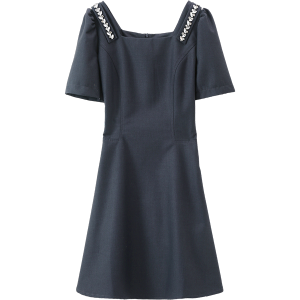 RY1453#夏黑色方领连衣裙气质小黑裙法式高级感赫本风中长裙短袖