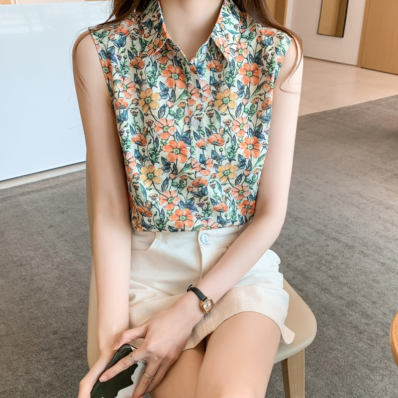 實拍洋氣夏季小碎花坎肩背心女外穿襯衫無袖雪紡打底衫內搭上衣