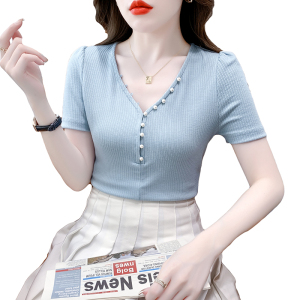 TR20251# 韩版夏季纯色V领单排扣钉珠短款短袖T型时尚显瘦修身上衣 服装批发女装服饰货源