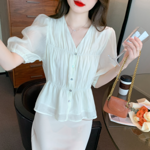 RM5245#夏季新款韩版V领泡泡袖雪纺衫衬衣甜美收腰短袖小衫女