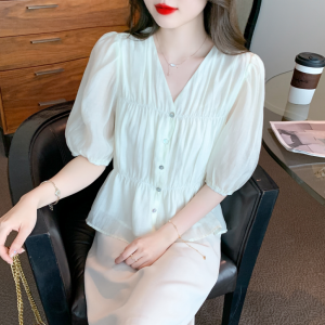 RM5245#夏季新款韩版V领泡泡袖雪纺衫衬衣甜美收腰短袖小衫女