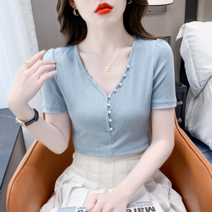 TR20251# 韩版夏季纯色V领单排扣钉珠短款短袖T型时尚显瘦修身上衣 服装批发女装服饰货源
