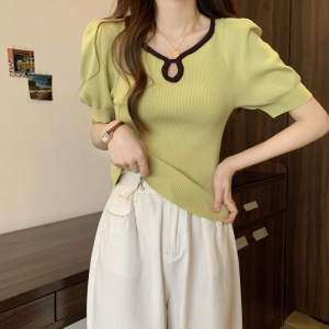 RM5643#夏季法式设计感方领镂空泡泡袖冰丝针织衫女别致减龄短款上衣