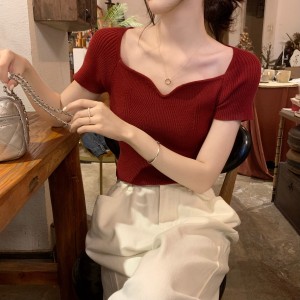 RM17416#春夏新款韩版气质法式方领设计感针织衫短袖女上衣