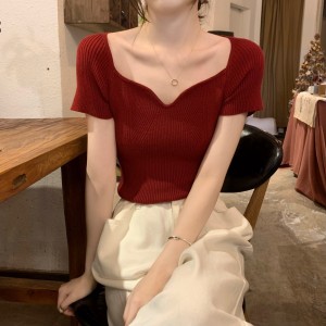 RM17416#春夏新款韩版气质法式方领设计感针织衫短袖女上衣