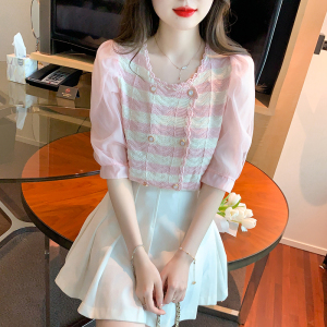 RM15934#夏季新款圆领条纹拼接雪纺针织衫女设计感泡泡袖镂空气质短袖上衣