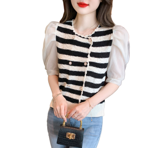 RM15934#夏季新款圆领条纹拼接雪纺针织衫女设计感泡泡袖镂空气质短袖上衣