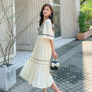 TR29442# 新款纯色连衣裙方领气质中长款小裙子夏季韩版装 服装批发女装批发服饰货源