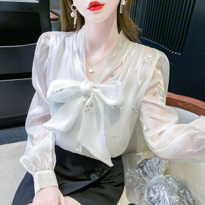 TR18169# 春夏季韩版甜美雪纺衫设计感蝴蝶结长袖修身衬衣 服装批发女装服饰货源