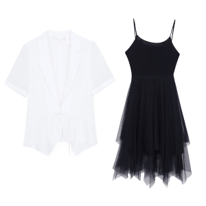 RM7362#夏季大码女装复古显瘦西服+仙气网纱吊带连衣裙两件套装