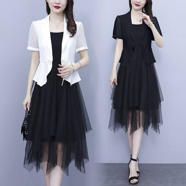 RM7362#夏季大码女装复古显瘦西服+仙气网纱吊带连衣裙两件套装