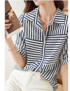 RM5690#夏季通勤舒适透气宽松遮肉显瘦百搭条纹短袖衬衣女