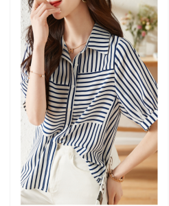 RM5690#夏季通勤舒适透气宽松遮肉显瘦百搭条纹短袖衬衣女