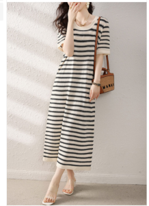 RM5691#镂空条纹长款女连衣裙圆领2023春季夏装薄款短袖裙子