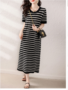 RM5691#镂空条纹长款女连衣裙圆领2023春季夏装薄款短袖裙子