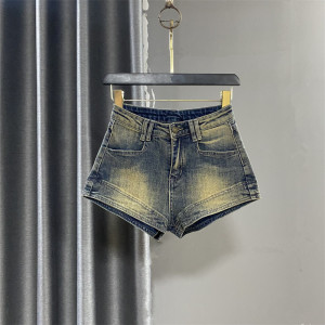 RM5297#复古做旧时髦A字弧形高腰弹力牛仔短裤热裤