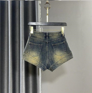RM5297#复古做旧时髦A字弧形高腰弹力牛仔短裤热裤