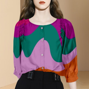 RM5651#法式轻熟风拼色衬衫女早秋圆领七分袖高级感别致漂亮小衫