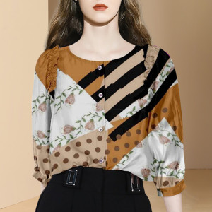 RM5652#法式复古拼接印花衬衫女早秋气质减龄七分袖遮肉显瘦上衣