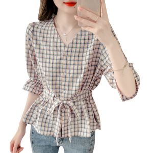 RM17990#时尚气质蕾丝短袖衬衫夏季新品V领花边拼接淑女衬衣小衫