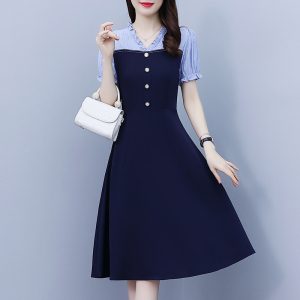 RM5480#夏季新款大码女装中长款拼接雪纺短袖连衣裙女