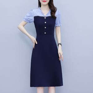 RM5480#夏季新款大码女装中长款拼接雪纺短袖连衣裙女