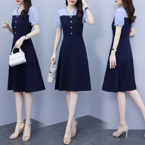 RM5480#夏季新款大码女装中长款拼接雪纺短袖连衣裙女