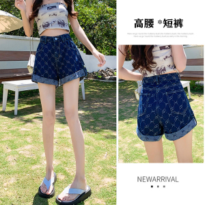 RM16979#高腰宽松阔腿牛仔短裤女2023年夏季新款小众设计拼色翻边短裤