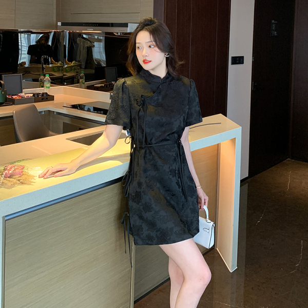 RM4657#复古小众国风日常年轻款黑色提花旗袍改良小个子新中式盘扣连衣裙