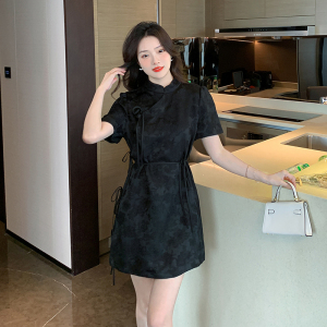 RM4657#复古小众国风日常年轻款黑色提花旗袍改良小个子新中式盘扣连衣裙